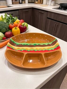 Retro Burger-Themed Divided Melamine Plate - Orange